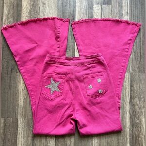 Anna-Kaci Woman’s Bright Pink Star Bedazzled Super Flare Jeans Size Small/24